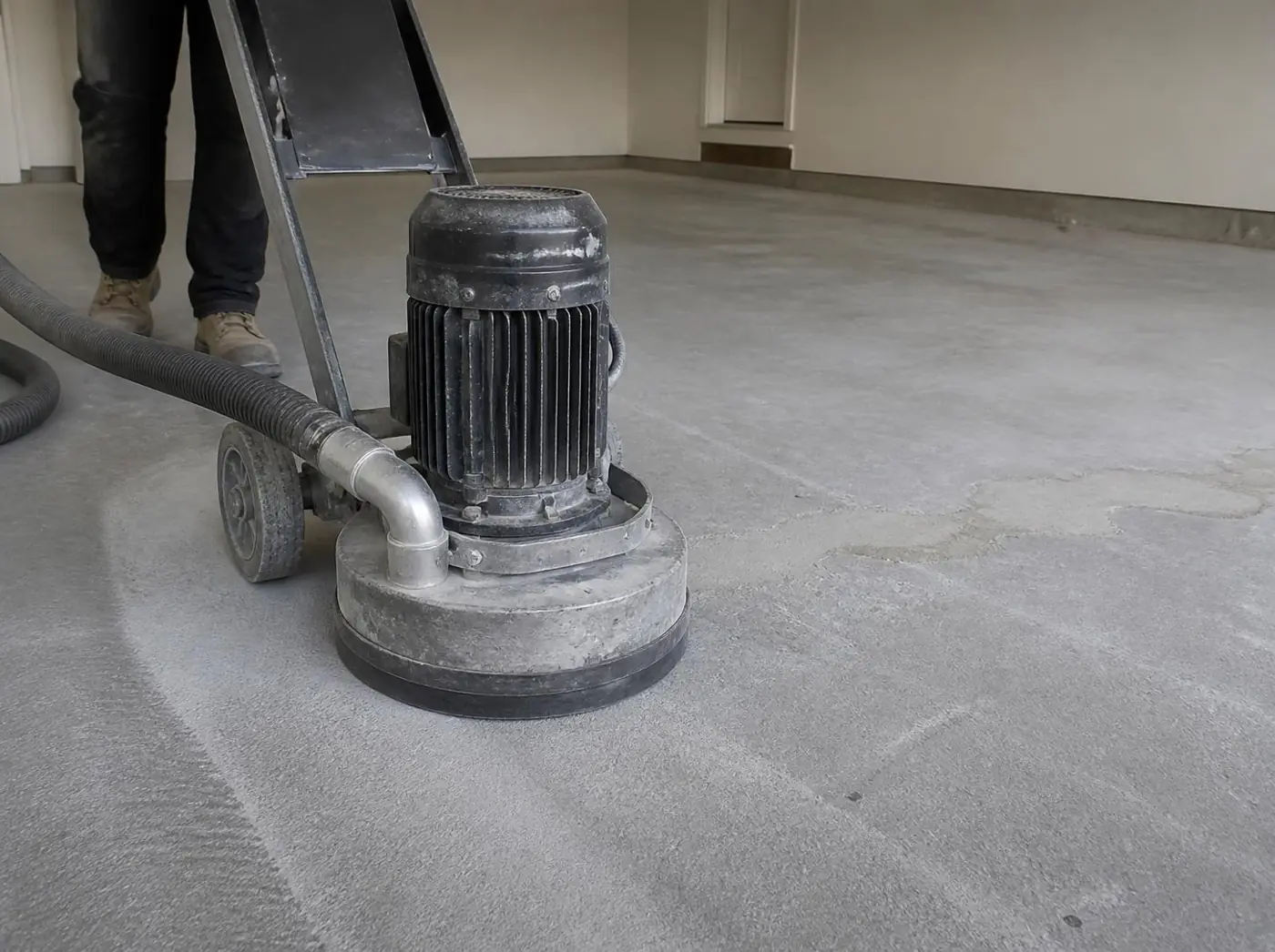Diamond floor grinder with vacuum hose preparing a garage concrete slab