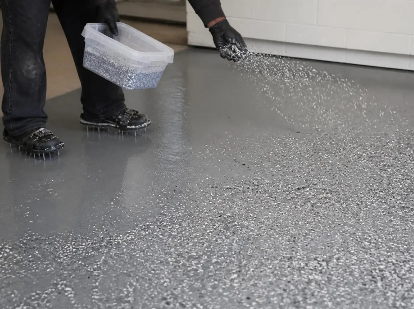 Installer broadcasting decorative flakes onto a wet epoxy base coat